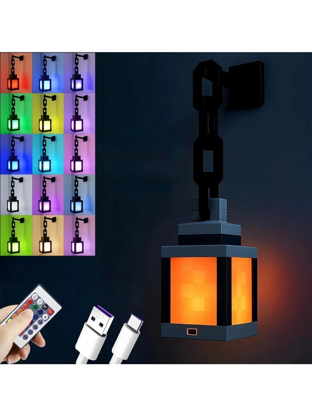 Pixel Lantern Night Light - 16-Color RGB Remote Control, USB Rechargeable Design, Ideal for Bedroom, Game Room Wall or Table Mou