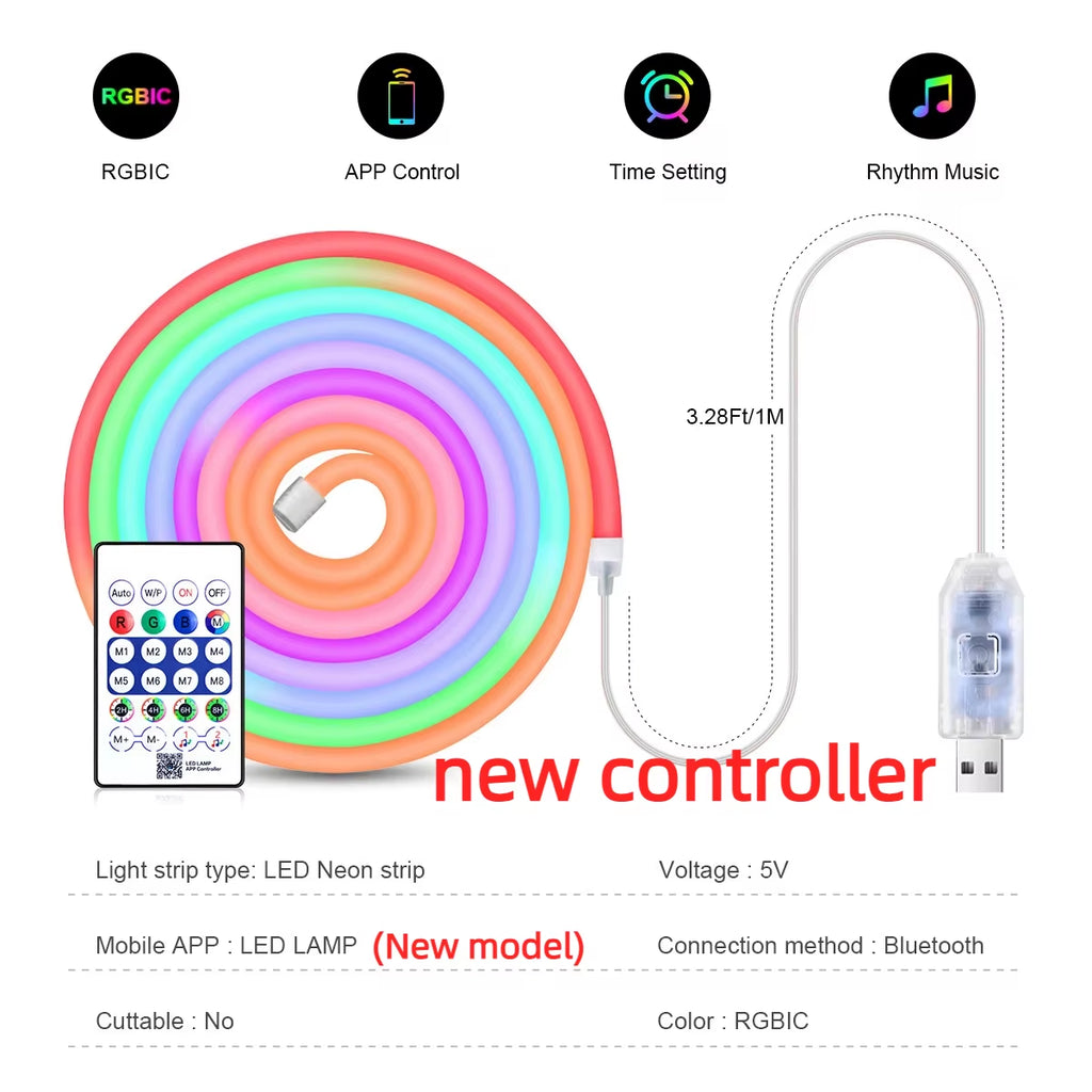 2/3/5/10M Smart APP Control RGBIC Neon LED Strip Light, Music Sync, USB 5V Waterproof Light Rope for Bedroom Gaming Room Decor