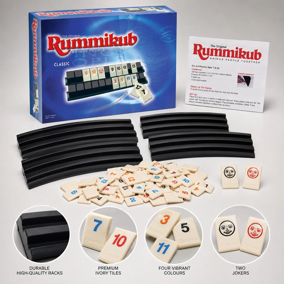 Rummikub Classic Number Tile Strategy Board Game with Black Racks Family Party Kids Adults English Version