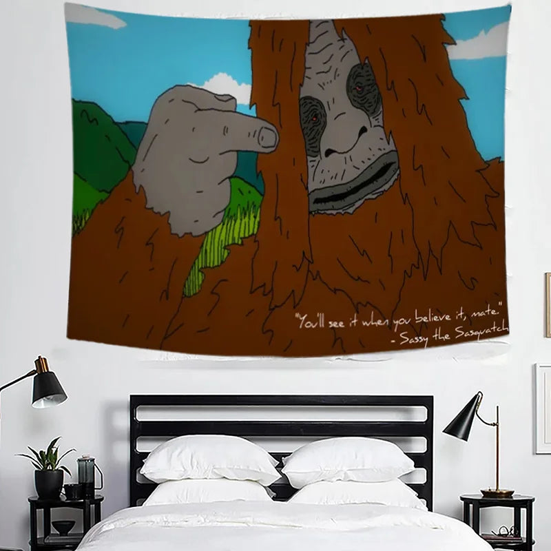 Sassy the Sasquatch Funny Meme Tapestry Prank Humor Wall Hanging Bedroom Bedhead Dorm Party House Backdrop Decoration