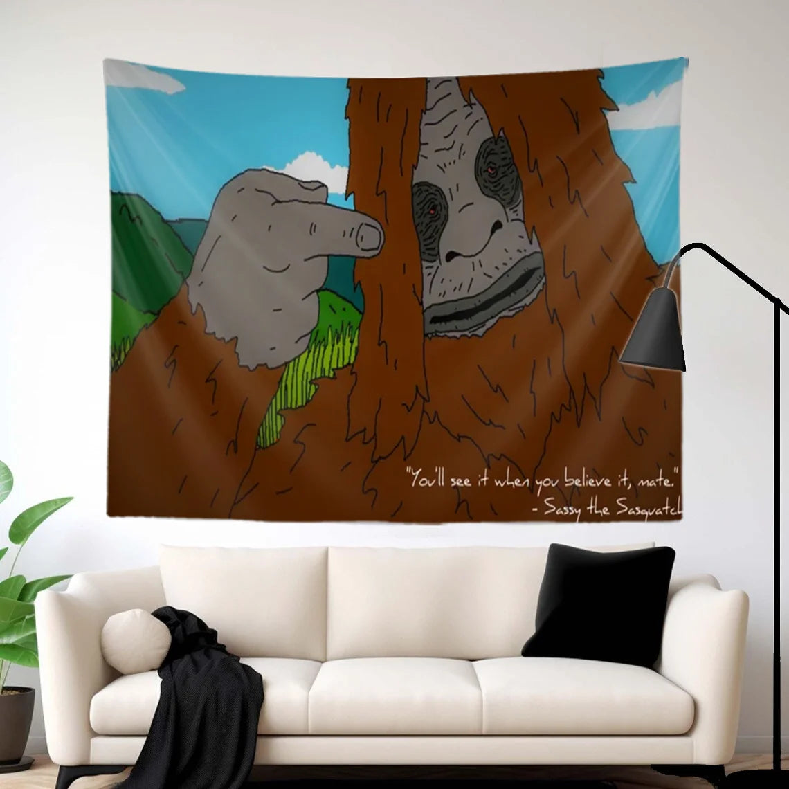 Sassy the Sasquatch Funny Meme Tapestry Prank Humor Wall Hanging Bedroom Bedhead Dorm Party House Backdrop Decoration