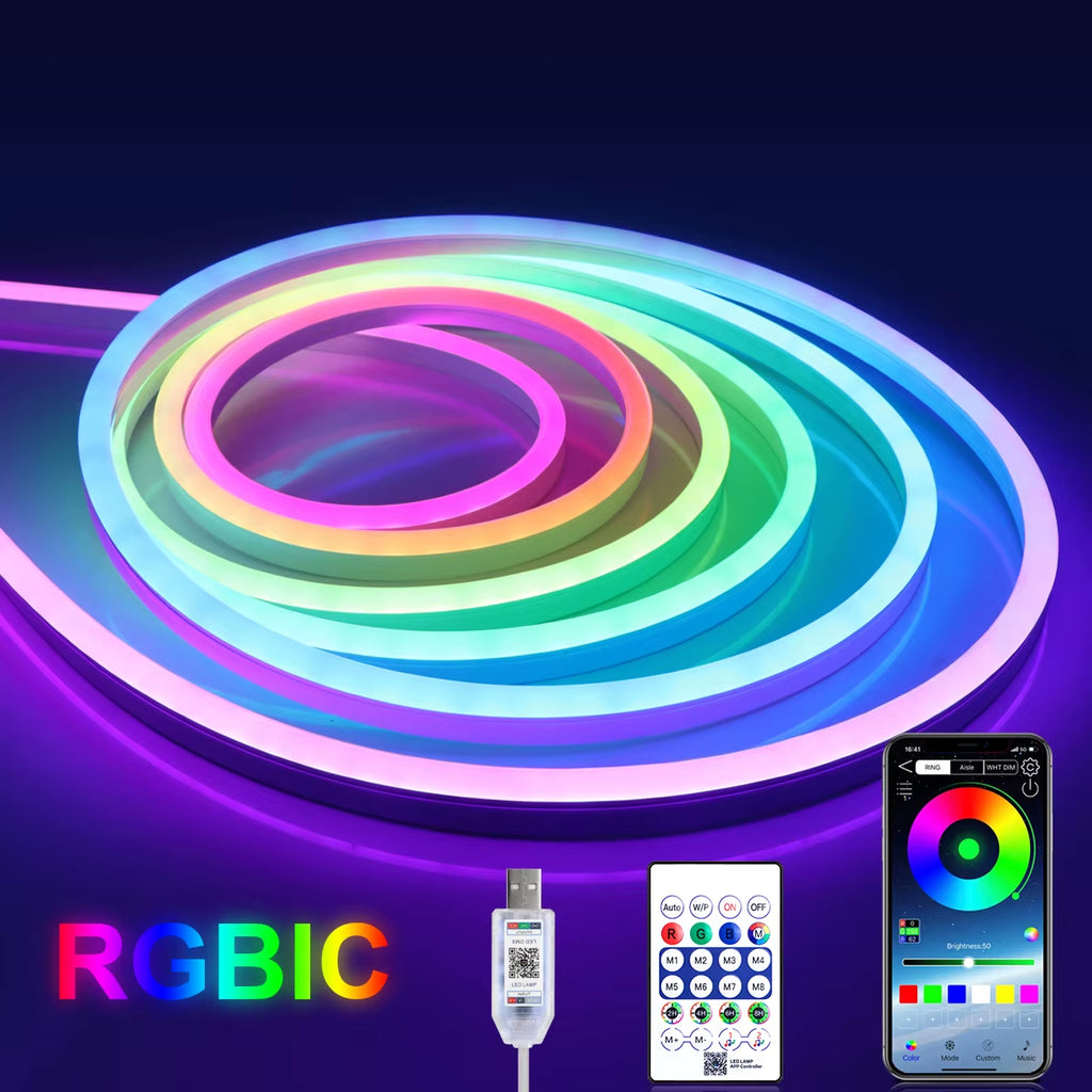 2/3/5/10M Smart APP Control RGBIC Neon LED Strip Light, Music Sync, USB 5V Waterproof Light Rope for Bedroom Gaming Room Decor