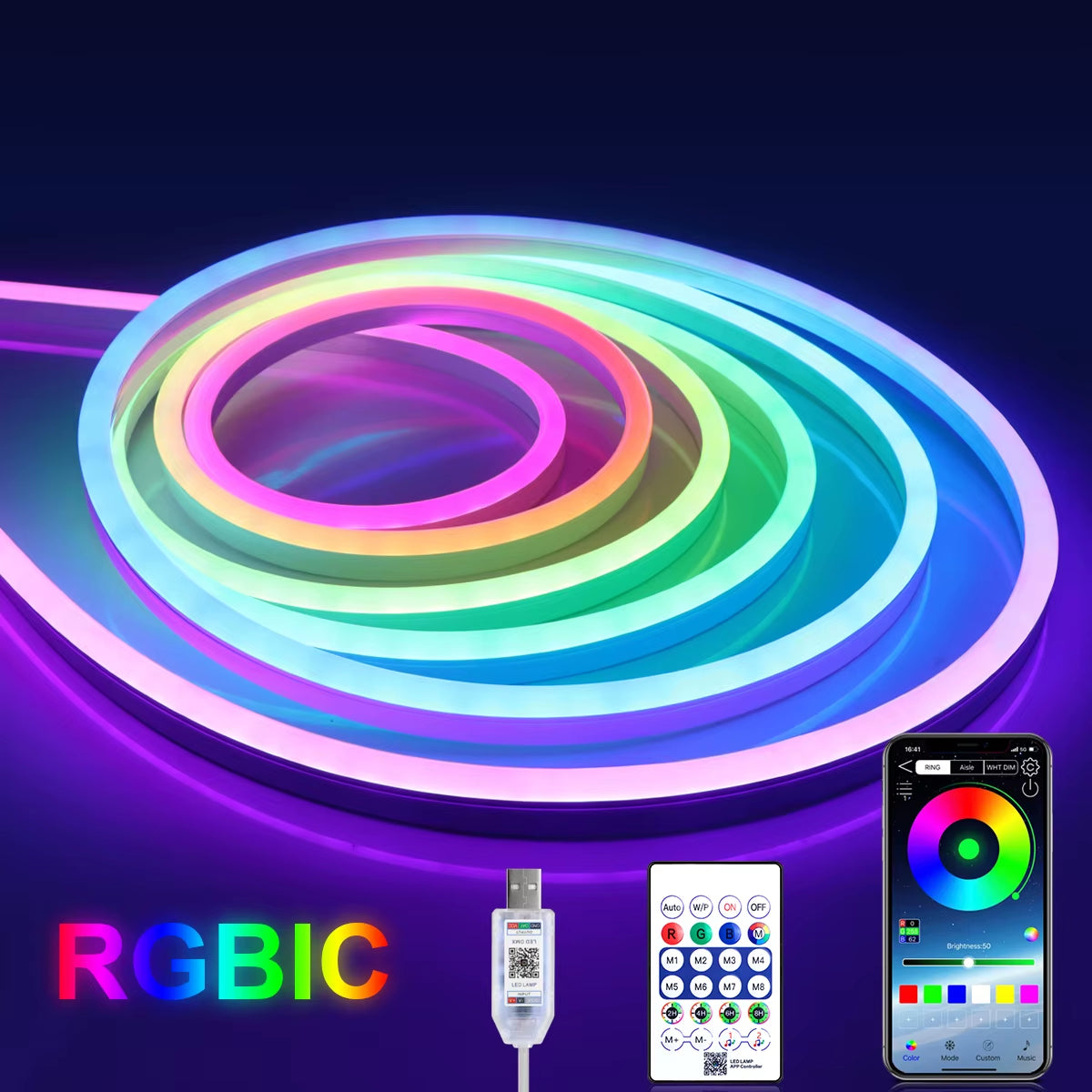 2/3/5/10M Smart APP Control RGBIC Neon LED Strip Light, Music Sync, USB 5V Waterproof Light Rope for Bedroom Gaming Room Decor
