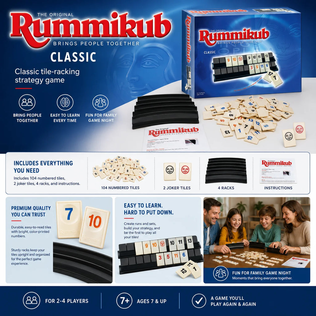 Rummikub Classic Number Tile Strategy Board Game with Black Racks Family Party Kids Adults English Version