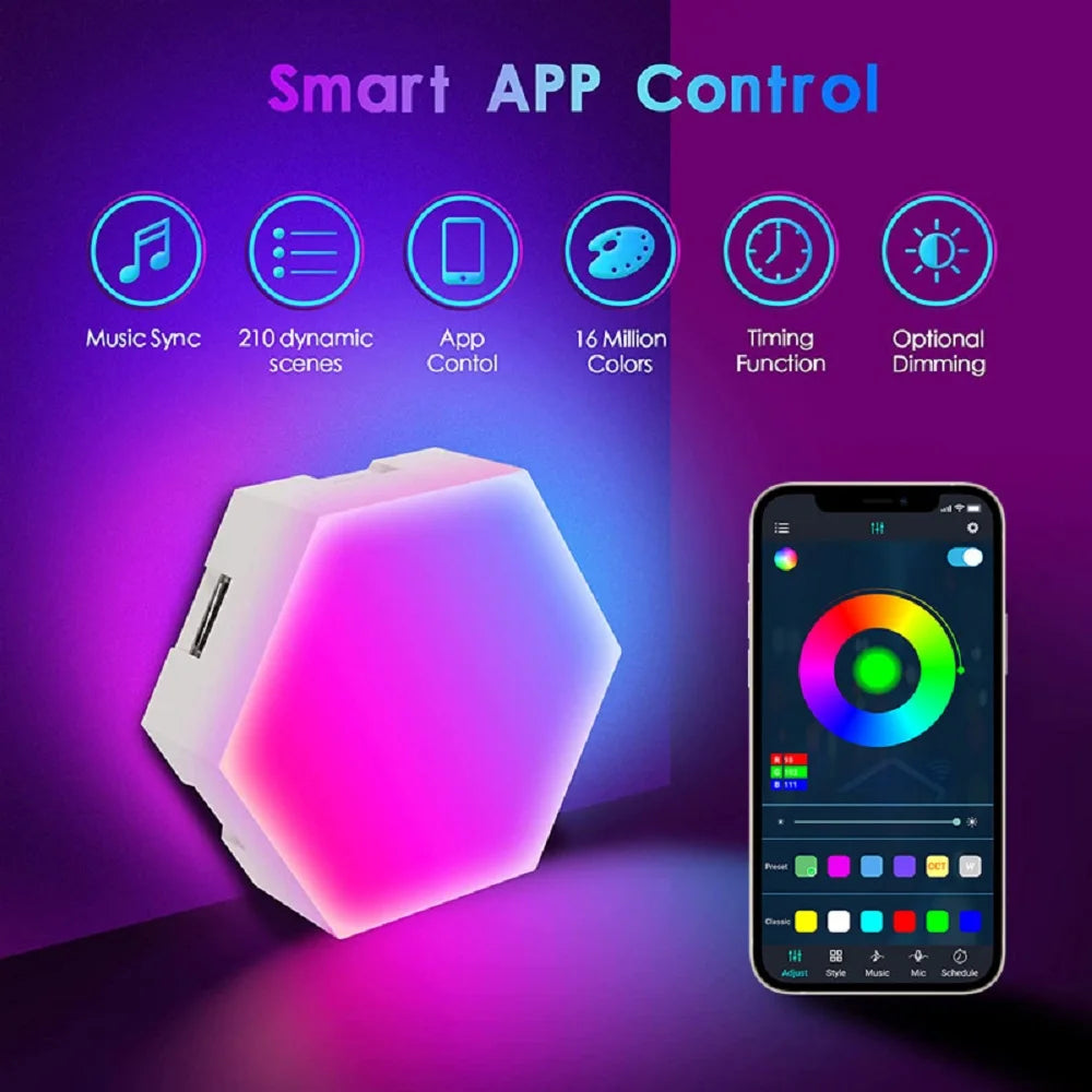 RGB Intelligent Hexagonal Wall Lamp Color-Changing Night Light DYI Shape Music Rhythm APP Control for Game Room Bedroom Decor