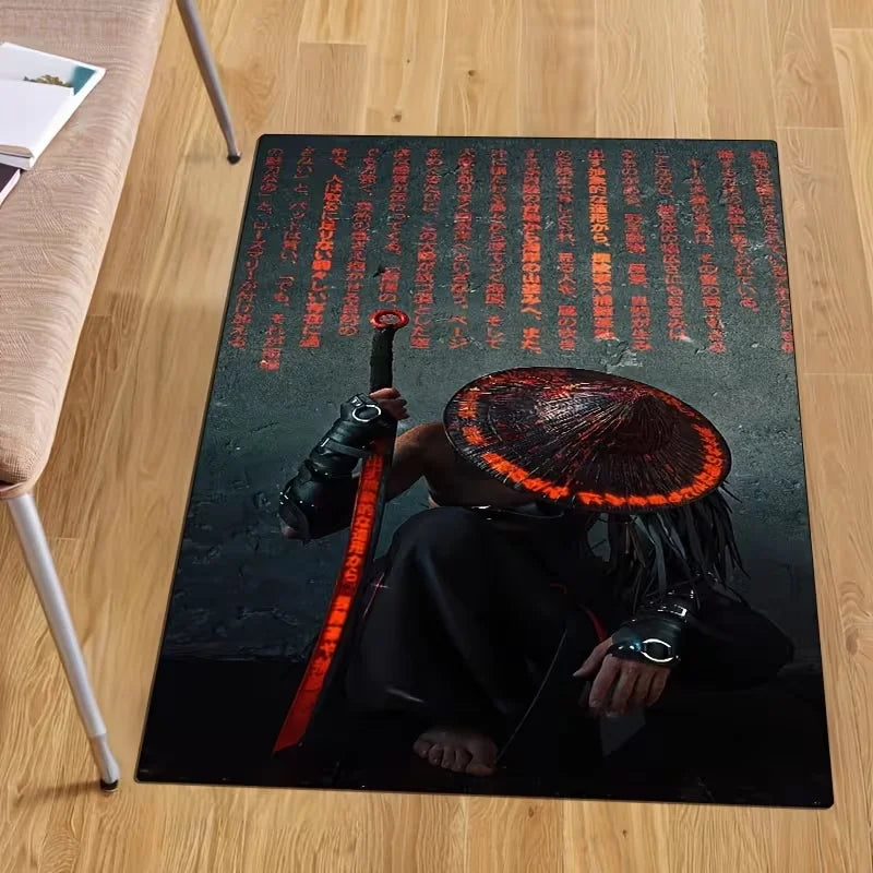 Red Sun Crow and Japanese Samurai Carpet in Ink Painting Mat for Living Room Bedroom Porch Office Coffee Table Home Decorative