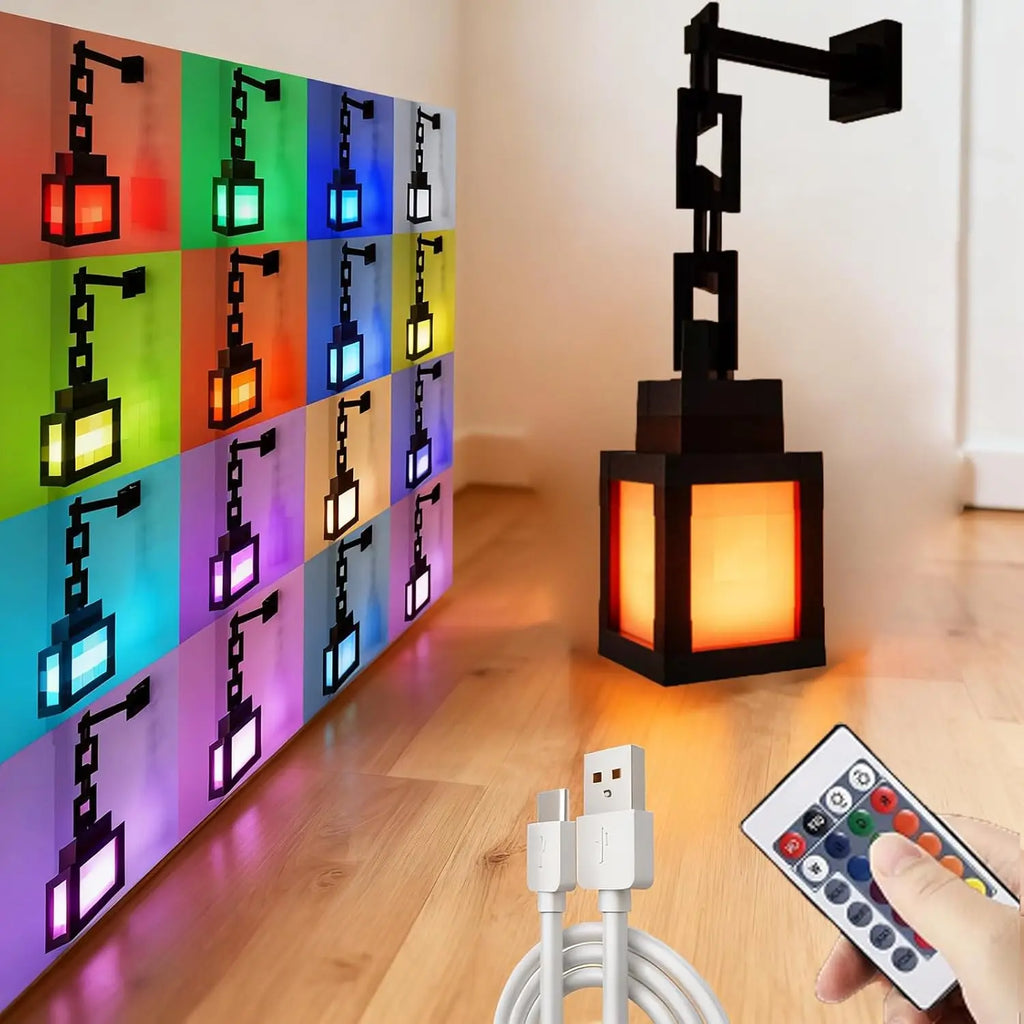 Pixel Lantern Night Light - 16-Color RGB Remote Control, USB Rechargeable Design, Ideal for Bedroom, Game Room Wall or Table Mou
