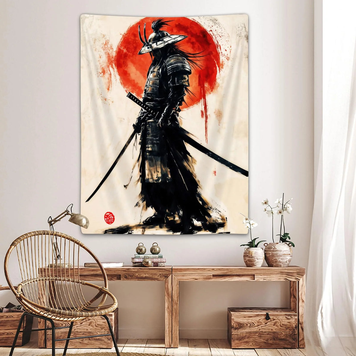 VIKAMA Anime Japanese Samurai Tapestry Ukiyo-E Red Sun Male Dormitory Bedroom Wall Hanging Decorative Home Accessory