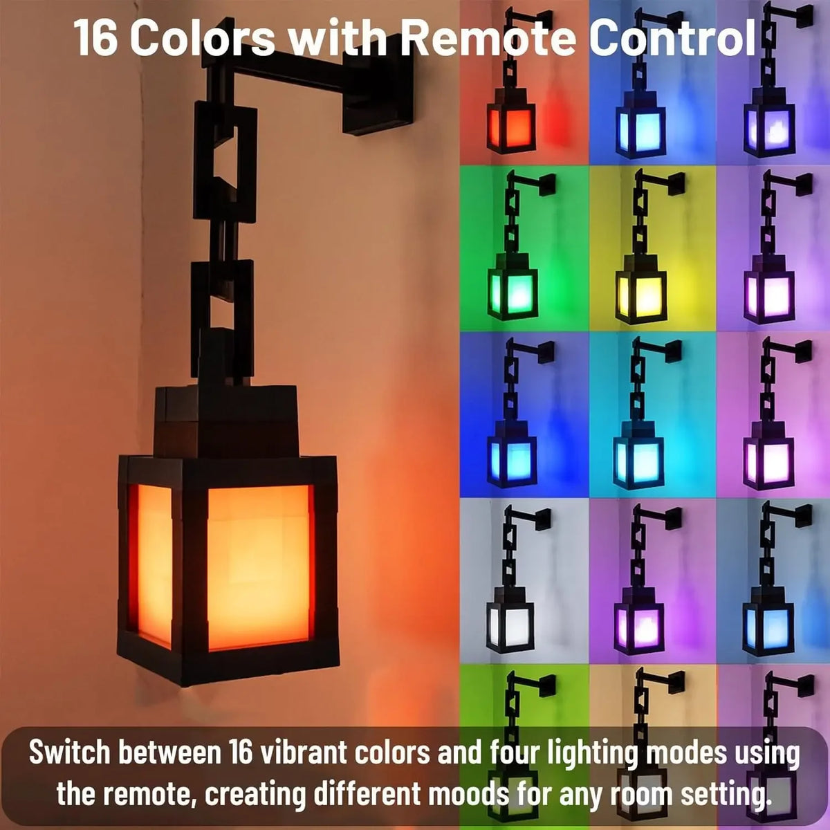 Pixel Lantern Night Light - 16-Color RGB Remote Control, USB Rechargeable Design, Ideal for Bedroom, Game Room Wall or Table Mou