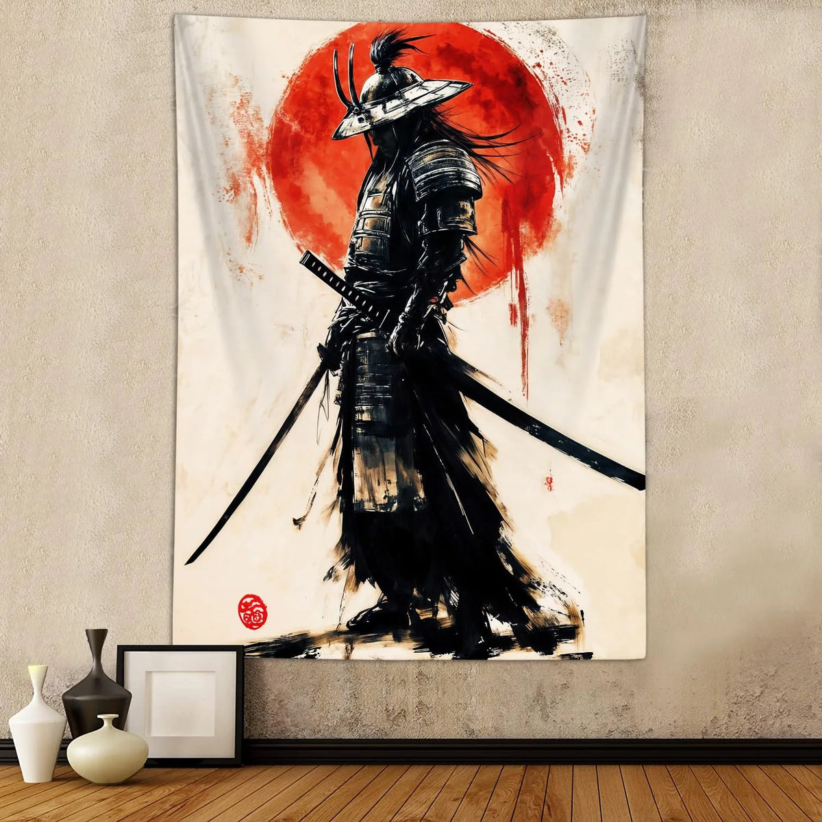 VIKAMA Anime Japanese Samurai Tapestry Ukiyo-E Red Sun Male Dormitory Bedroom Wall Hanging Decorative Home Accessory