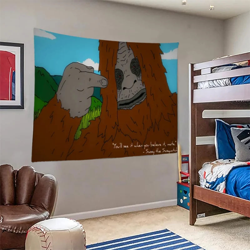 Sassy the Sasquatch Funny Meme Tapestry Prank Humor Wall Hanging Bedroom Bedhead Dorm Party House Backdrop Decoration