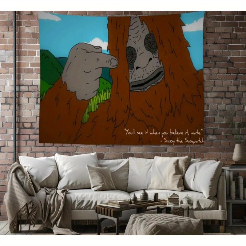 Sassy the Sasquatch Funny Meme Tapestry Prank Humor Wall Hanging Bedroom Bedhead Dorm Party House Backdrop Decoration