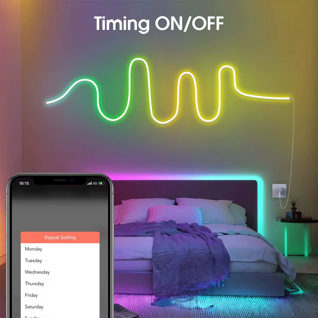 2/3/5/10M Smart APP Control RGBIC Neon LED Strip Light, Music Sync, USB 5V Waterproof Light Rope for Bedroom Gaming Room Decor