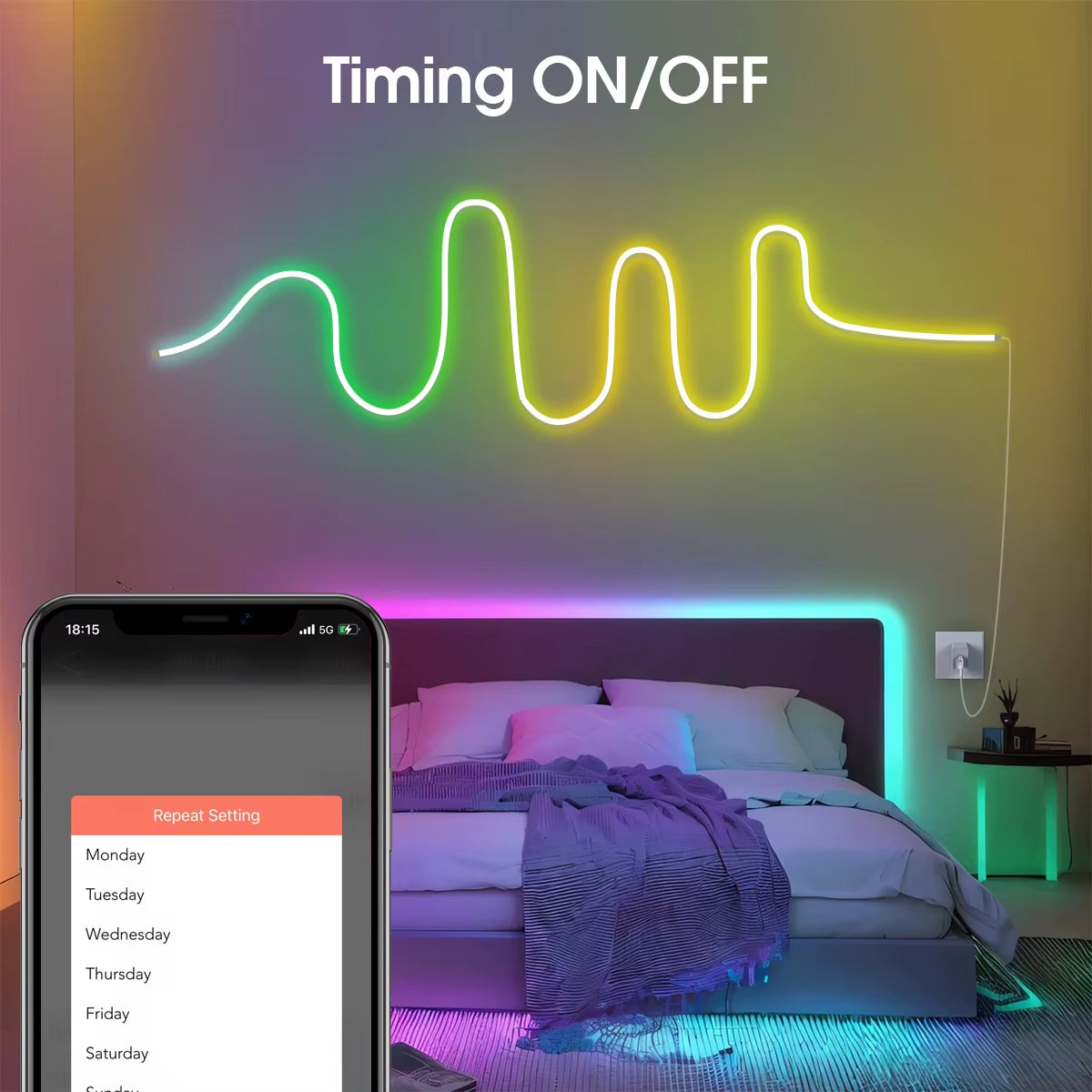 2/3/5/10M Smart APP Control RGBIC Neon LED Strip Light, Music Sync, USB 5V Waterproof Light Rope for Bedroom Gaming Room Decor
