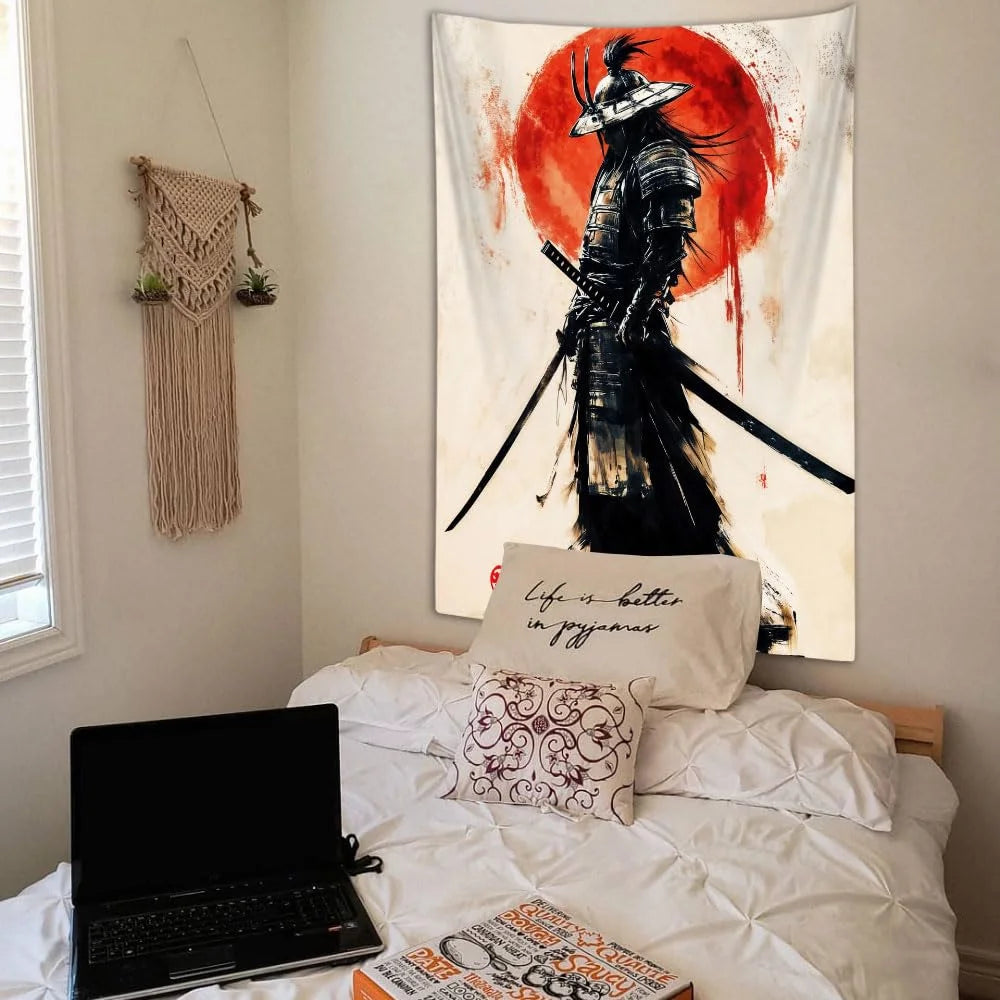 VIKAMA Anime Japanese Samurai Tapestry Ukiyo-E Red Sun Male Dormitory Bedroom Wall Hanging Decorative Home Accessory